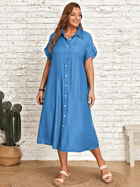 Vestido Plus Size Tipo Camisa com Botão Frontal e Bolso