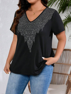 Camiseta Plus Size Casual com Decote em V e Estampa Brilhosa