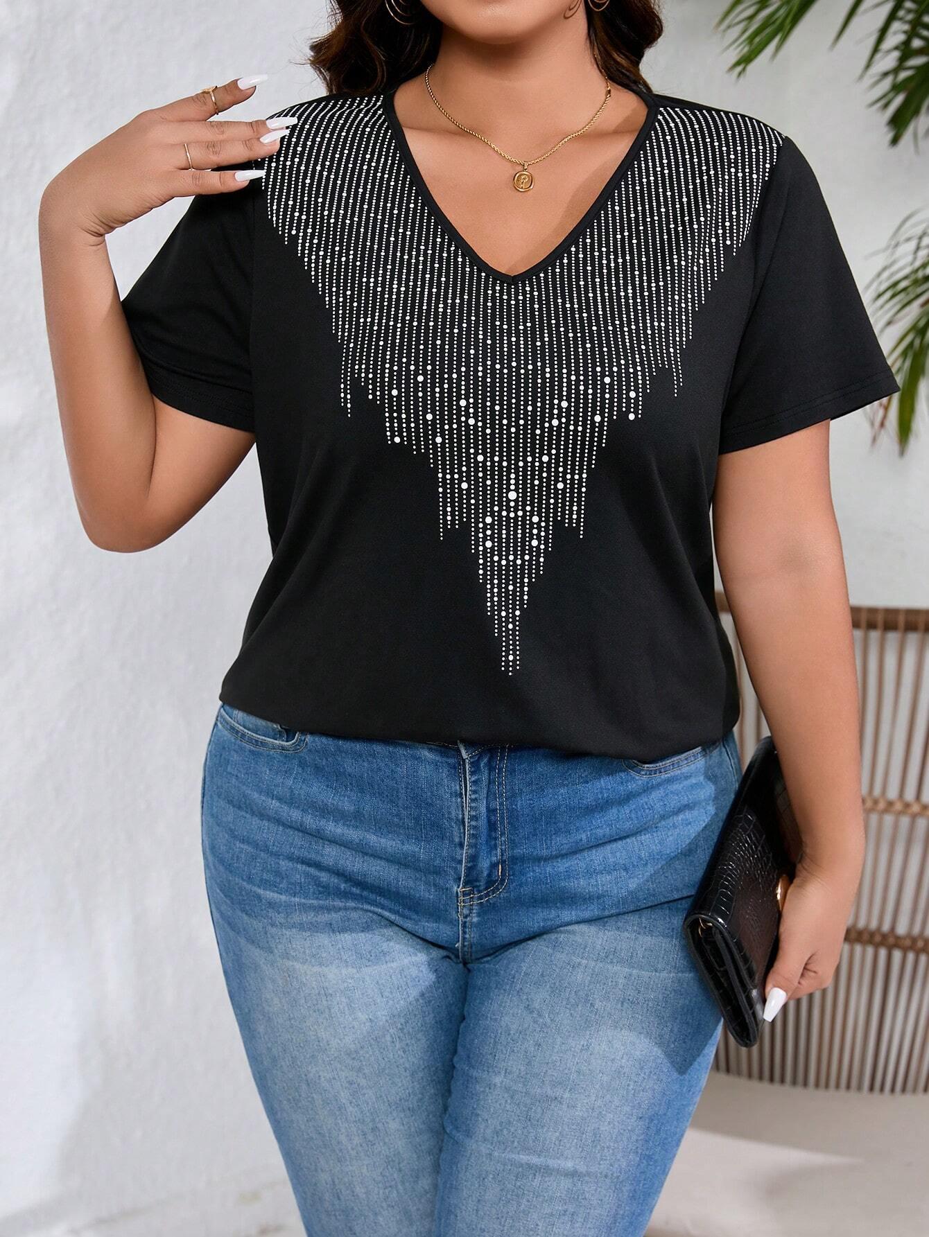 Camiseta Plus Size Casual com Decote em V e Estampa Brilhosa