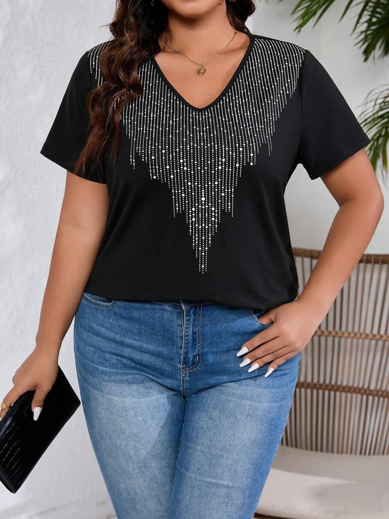 Camiseta Plus Size Casual com Decote em V e Estampa Brilhosa