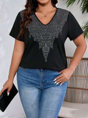 Camiseta Plus Size Casual com Decote em V e Estampa Brilhosa