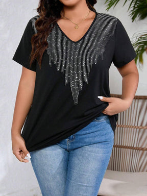 Camiseta Plus Size Casual com Decote em V e Estampa Brilhosa