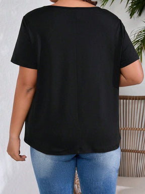 Camiseta Plus Size Casual com Decote em V e Estampa Brilhosa