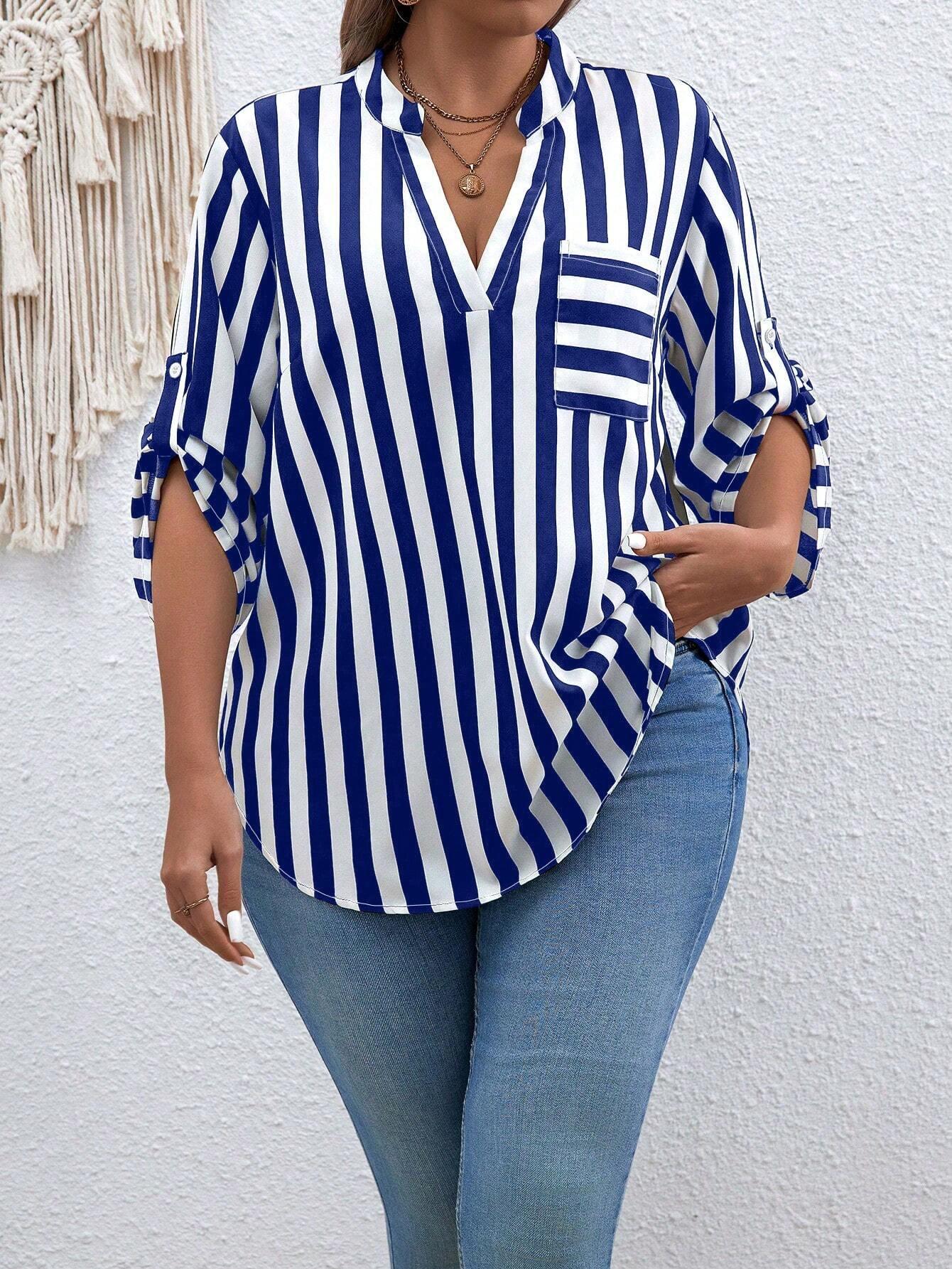 Camisa Plus Size Listrada Com Gola Em V E Mangas Dobradas