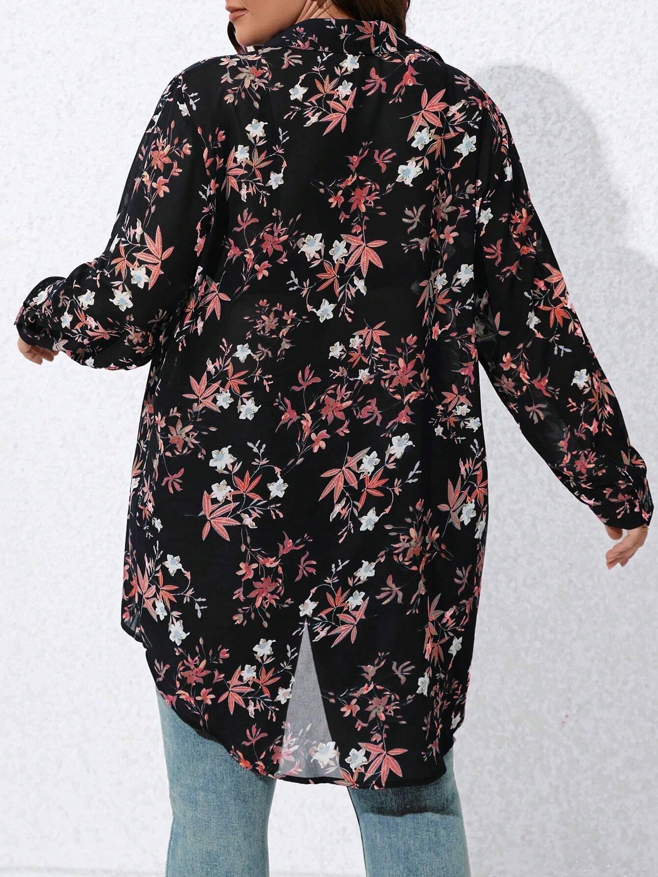 Camisa Plus Size com Decote em V e Estampa Floral de Manga Longa