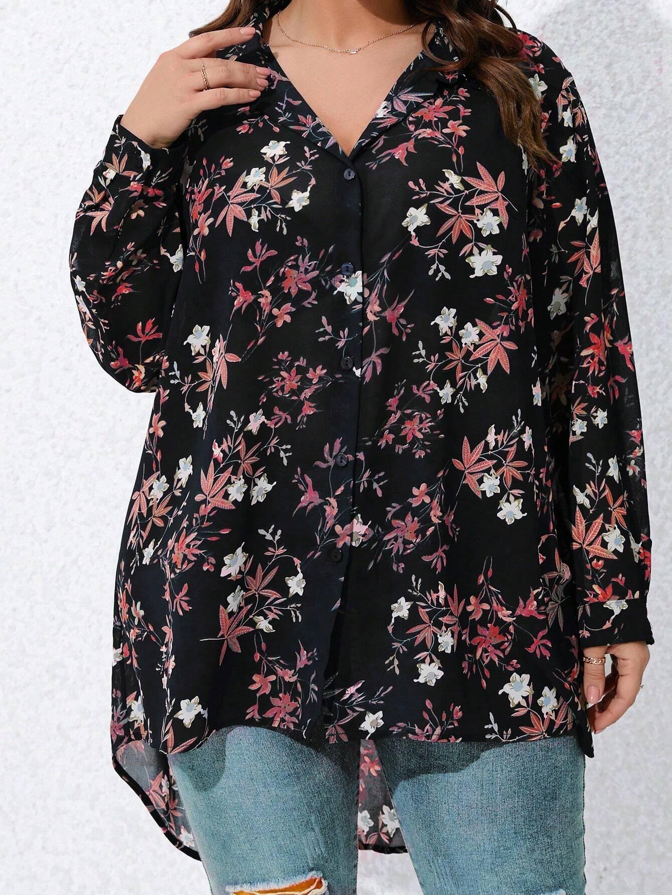 Camisa Plus Size com Decote em V e Estampa Floral de Manga Longa