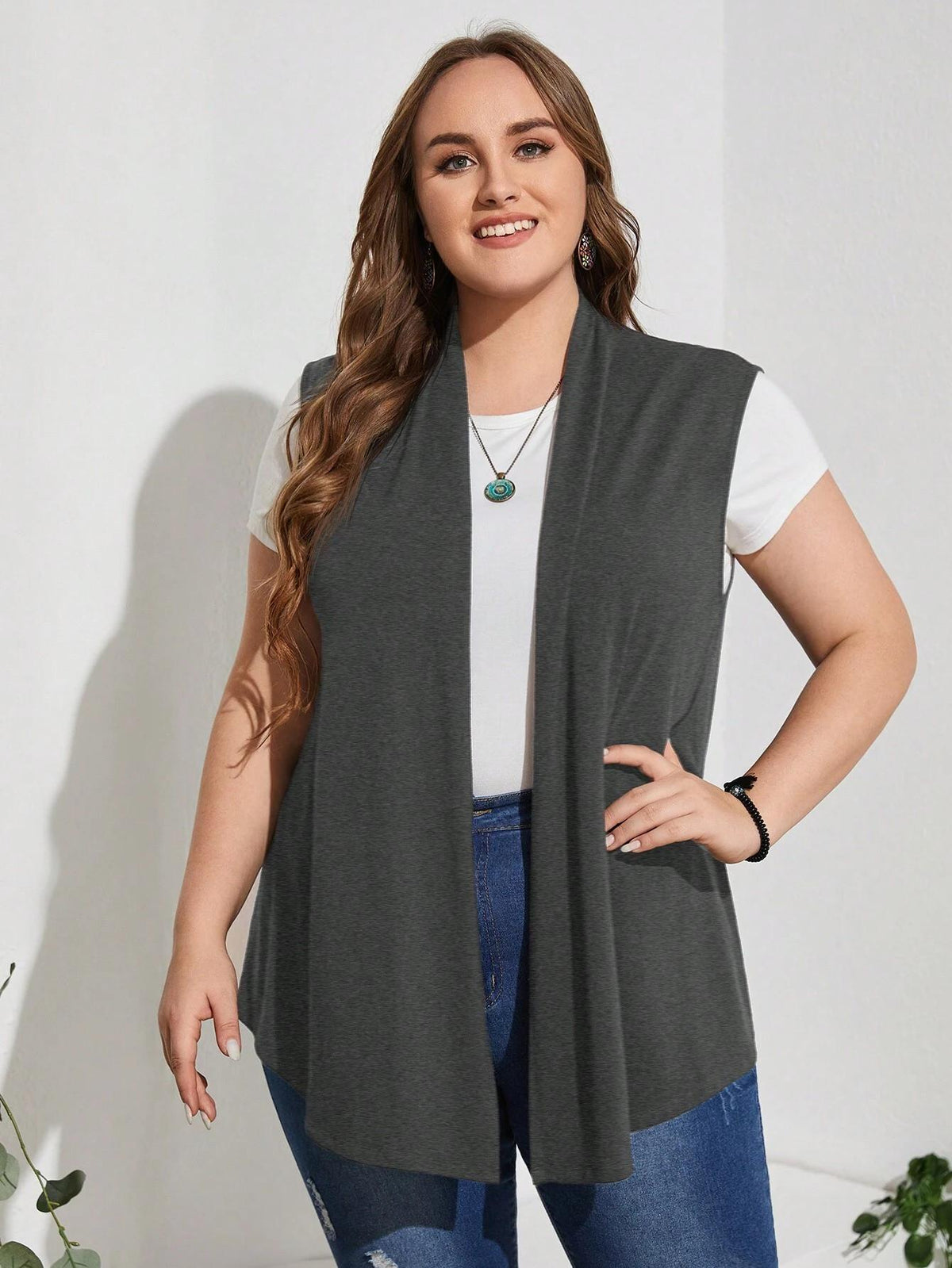 Colete Plus Size Simples, de Cor Sólida e Sem Mangas